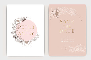 Golden Pink Wedding Invitation, floral invite thank you, rsvp modern card Design in white Peony  with red berry and leaf greenery  branches decorative Vector elegant rustic template