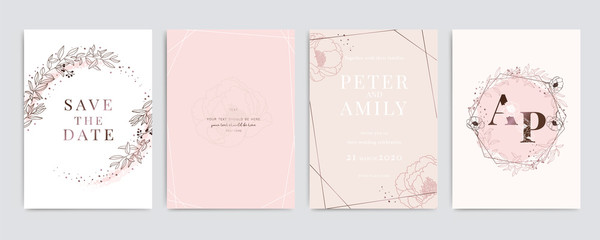 Golden Pink Wedding Invitation, floral invite thank you, rsvp modern card Design in white Peony  with red berry and leaf greenery  branches decorative Vector elegant rustic template