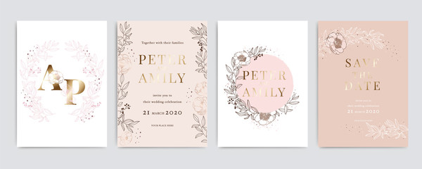 Golden Pink Wedding Invitation, floral invite thank you, rsvp modern card Design in white Peony  with red berry and leaf greenery  branches decorative Vector elegant rustic template