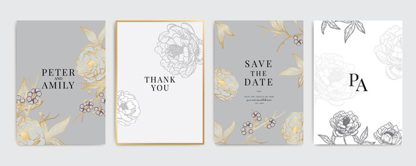 Golden Wedding Invitation, floral invite thank you, rsvp modern card Design in white rose with red berry and leaf greenery  branches decorative Vector elegant rustic template - obrazy, fototapety, plakaty