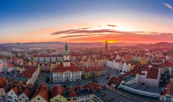 Sunset over Jelenia G&oacute;ra aerial view