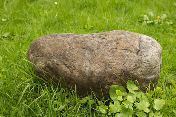 Big stone on green grass