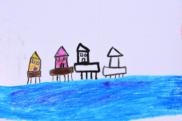 Dessin enfant maisons sur l'eau