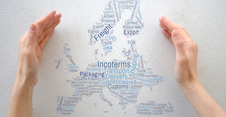 Export and logistics terms in a Europe map shaped wordcloud  - obrazy, fototapety, plakaty
