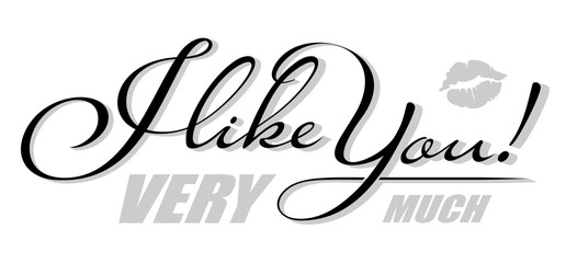 Handwritten isolated text I like You with kiss shadow. Hand drawn calligraphy lettering
