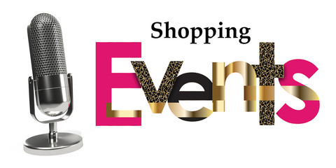 microphone and announcement of shopping events on white background