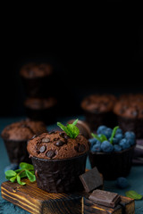 Homemade chocolate muffins with blueberry berries and chocolate drops