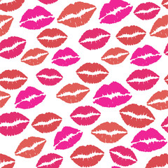 Lips pattern. Vector seamless pattern with woman's red and pink kissing flat lips. Lipstick kiss illustration Isolated on white.