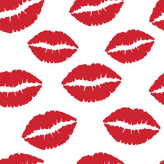 Lips pattern. Vector seamless pattern with woman's red and pink kissing flat lips. Lipstick kiss illustration Isolated on white.
