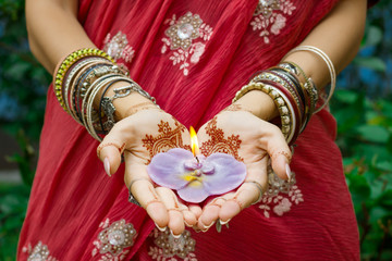 Beautiful woman in traditional Muslim Indian wedding pink sari dress hands with henna tattoo mehndi...