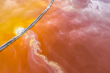 Aerial image of red polluted mining water residuals