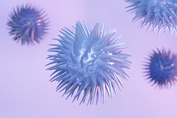 Blue virus particles floating on light background. 3D illustration