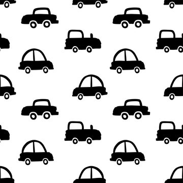Cars cute seamless pattern. Black and white print for kids. Toys vector hand drawn illustration