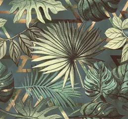 Tapeten Nahtloses Muster mit tropischen Blättern und geometrischen Formen. Tropischer Hintergrund. © Арина Трапезникова