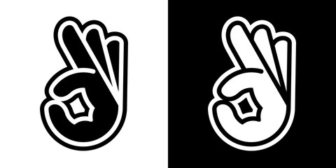 Stylized vector illustrations of human hand with OK sign; icons, isolated on white and black backgrounds.