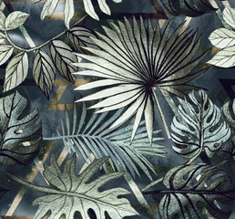Gardinen Nahtloses Muster mit tropischen Blättern und geometrischen Formen. Tropischer Hintergrund. © Арина Трапезникова