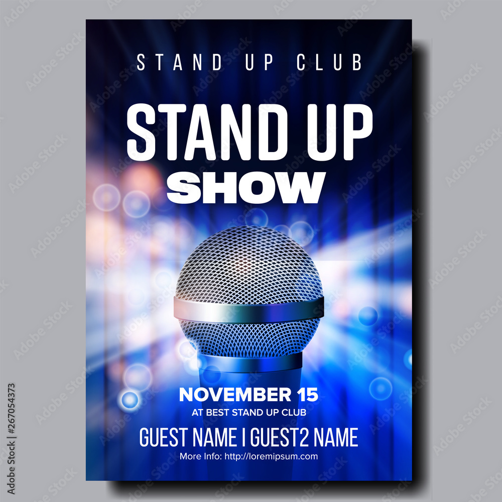 Canvas Prints Colorful Poster Of Best Stand Up Night Show Vector. Modern Microphone, Blue Curtain And Light Bubbles Due Spotlight On Style Poster Template With Text. Comical Concert Realistic 3d Illustration