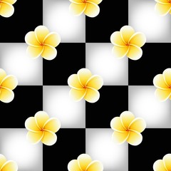 Seamless pattern with Plumeria Frangipani flowers on black and white chessboard