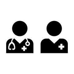 Health care icon vector male doctor and patient person profile avatar for medical consultation in glyph pictogram illustration
