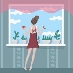 Graceful slim girl relaxing at the window and enjoing morning. Nice pretty young woman with a cup of coffee and croissant in her room.