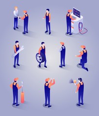 Car Repair Service Isometric Set. Auto Mechanic Characters with Special Equipment, Spare Parts, Tools. Technician Meeting Client. People Series Icons. Vector 3d Illustration on Gradient Backdrop