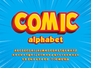 Comic style alphabet design with uppercase, lowercase, numbers and symbol