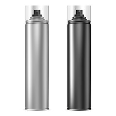 Aluminum Spray Can. Aerosol Bottle Set in Black. Paint Tin with Cap. Compressed Foam Chrome Packaging with Plastic Lid. Deodorant or Hairspray Cosmetic Cylinder Tube. Silver Antiperspirant Template.