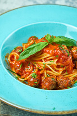 Pasta with meat balls. Beautiful serving dishes. Restaurant menu