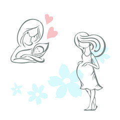 Motherhood icons or logo. Pregnant young woman. Girl with baby. Love and care.