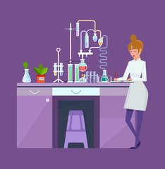 Researcher chemical laboratory, female scientist, conducts chemical research, experiments.