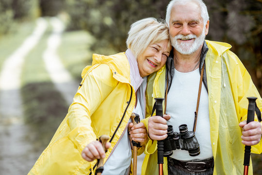 Portrait of a happy senior couple in yellow raincoats hiking with trekking sticks in the young pine forest. Concept of an active lifestyle on retirement