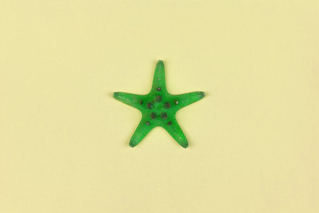 Fototapeta na wymiar green starfish on yellow background close-up, top view flat lay