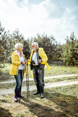 Portrait of a happy senior couple in yellow raincoats hiking with trekking sticks in the young pine forest. Concept of an active lifestyle on retirement