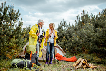 Senior couple in yellow raincoats at the campsite with tent and fireplace in the young pine forest