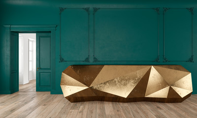 Gold reception table in classic green color interior with moldings and wooden floor. 3d render illustration mock up.