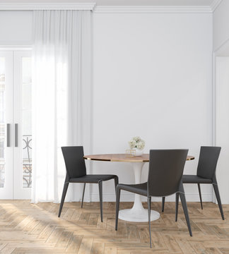 Classic white empty interior room with dinner table, chairs, curtain, wooden floor and flowers. 3d render illustration.