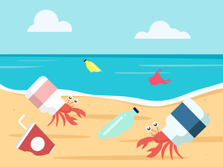 Obraz na płótnie Canvas ocean plastic pollution concept. hermit crab with a plastic bottle shell. vector illustration