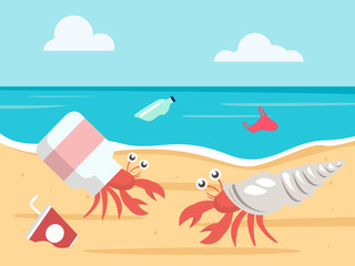 Fototapeta na wymiar ocean plastic pollution concept. hermit crab with a plastic bottle shell. vector illustration