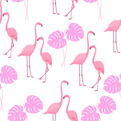 Graceful flamingos and monstera leaves. Tropical summer background