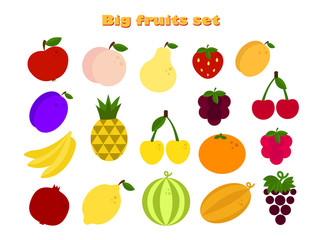 Big flat icon set with different fruits. There are apple, strawberry, cherry, orange, grapes, lemon, pineapple, banana,  plum, melon, raspberry, pomegranate, pear, cherry, blackberry.