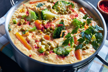 close-up of creamy broccoli soup, top view