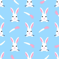 Easter bunny looks out of the hole. Rabbit and carrot childish seamless pattern. Can be used for the decoration of the nursery, children's clothing, kids accessories, gift wrapping, digital paper.
