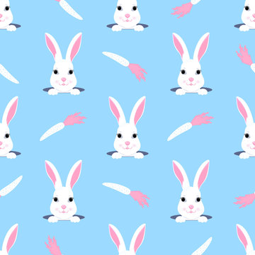 Easter Bunny Looks Out Of The Hole. Rabbit And Carrot Childish Seamless Pattern. Can Be Used For The Decoration Of The Nursery, Children's Clothing, Kids Accessories, Gift Wrapping, Digital Paper.