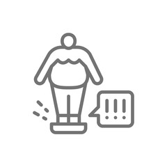 Fat man on scales, weight control line icon.