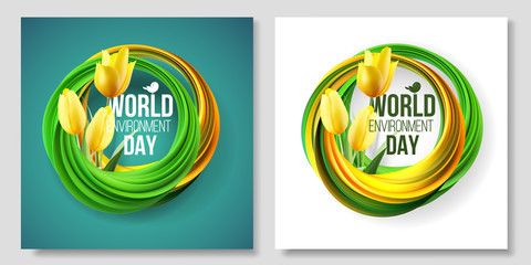 World Environment Day card, banner on the white and green background with flowers, yellow tulips and leaves. 5 june. Ecology, bio, nature. Vector illustration