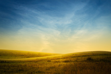 lawn and mountain at sunrise