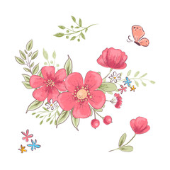 Set of red wildflowers and butterflies. Hand drawing. Vector illustration