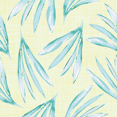 Fototapeta na wymiar Hibiscus inspired green water colour leaves design on light yellow canvas textured background . Seamless vector pattern Perfect for summer, wellness, beauty products, fabric, stationery, gift wrap.