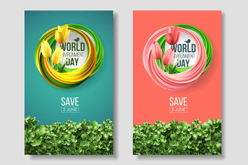 World Environment Day card, banner, logo on the green and living coral background with flowers yellow tulips and leaves. Abstract shapes of green yellow, living coral colors. 5 june ecology bio nature