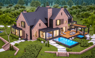 3d rendering of modern cozy clinker house on the ponds with garage and pool for sale or rent with beautiful landscaping on background. Clear summer evening with cozy light from window
